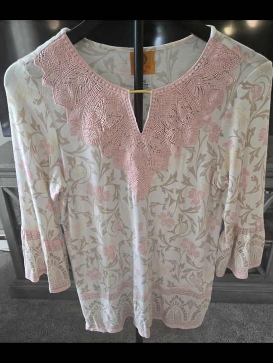 Ruby Rd. Tops - Ruby Rd. Cream Tunic with Pink Lace-Trimmed V-Neck
